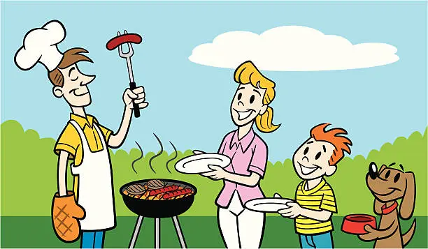 Vector illustration of Hungry Family Waiting for Father to Barbeque