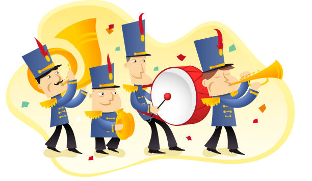 ilustraciones, imágenes clip art, dibujos animados e iconos de stock de banda de marcha - parade marching band trumpet musical instrument