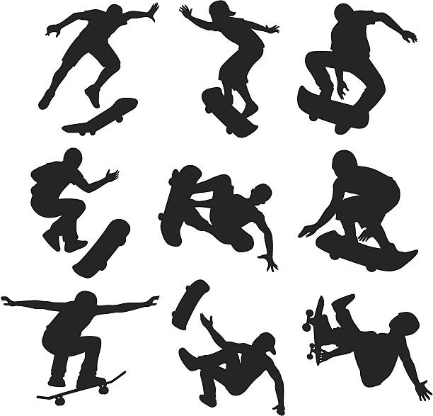 スケートボードのシルエット - skateboarding skateboard silhouette teenager点のイラスト素材／クリップアート素材／マンガ素材／アイコン素材