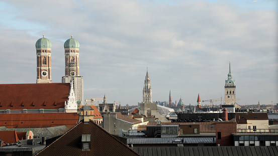 Far view on the bell tower of the Nikolaikirche in Frankfurt