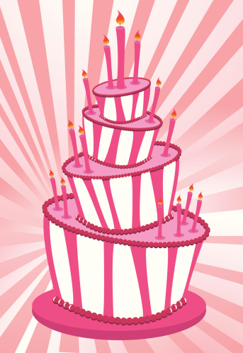 a very large and wild, birthday cake with candles and pink stripes adorn the background, this birthday party is for one lucky girl