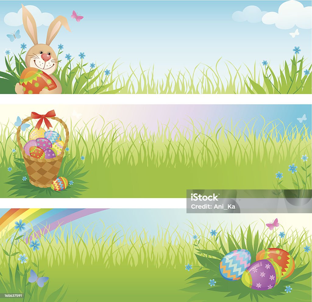 Três Banners com tema de Páscoa com ovos, coelhos e o cesto - Royalty-free Coelhinho da Páscoa arte vetorial