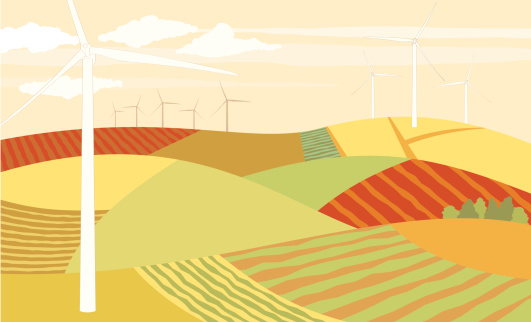 Vector illustration of wind turbines in rolling farmland, clouds in sky, warm colors.