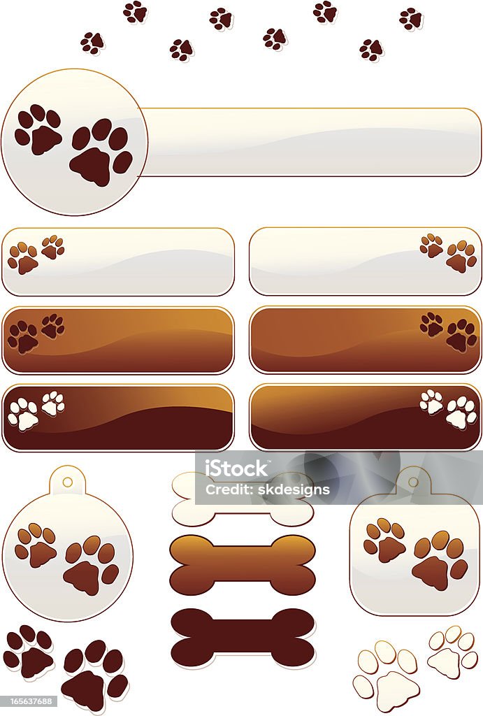 Dog Bones and Paw Prints Designs Set Cute dog bones and dog paw print designs coordinating set: banners, graphic buttons with rollover buttons, icons, repeatable border, two-paw design sets, round and rounded square dog license icons, and dog bones. Great for pet themes, dog themes, more. Use for print, Web, icons, logos, greeting cards, and a multitude of other uses. Animal stock vector