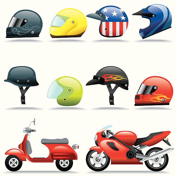 Icon Set, Helmets and Motorcycles Icon Set, Helmets and Motorcycles on white background, make in adobe Illustrator (vector) head protector stock illustrations