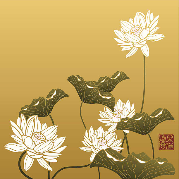 Lotus Painting Image shows lotus painting in chinese style, The red seal means "Wealth & good fortune". come with layers, fully editable. ZIP include Hires jpg, AI 10 & AI CS2. east asian ethnicity stock illustrations