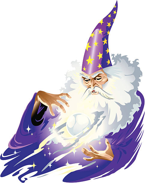 Cartoon illustration of a magician man Merlin the wizard practices his supernatural arts, power emanating from his hands. Also included is a zip containing a color version without blends. warnock stock illustrations