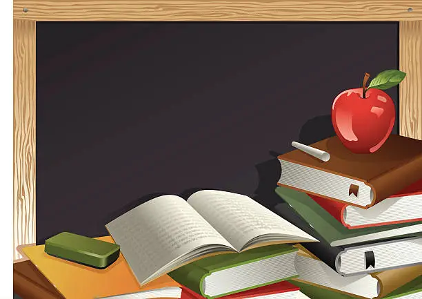 Vector illustration of Books, Apple, Chalk and Blackboard Vector