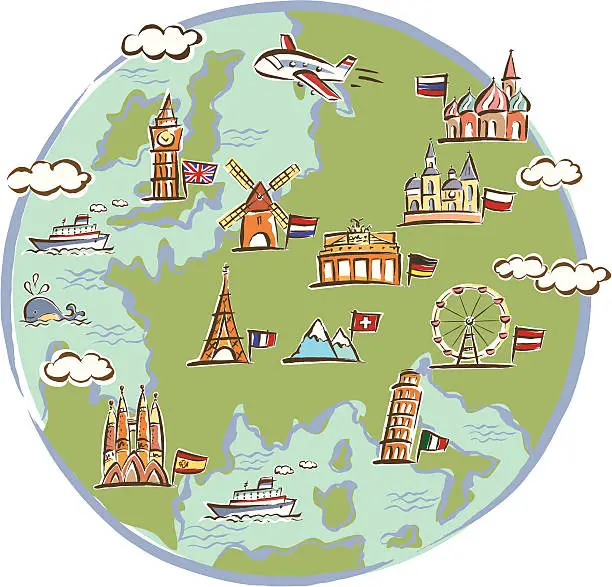 Vector illustration of Landmarks Drawn on Globe
