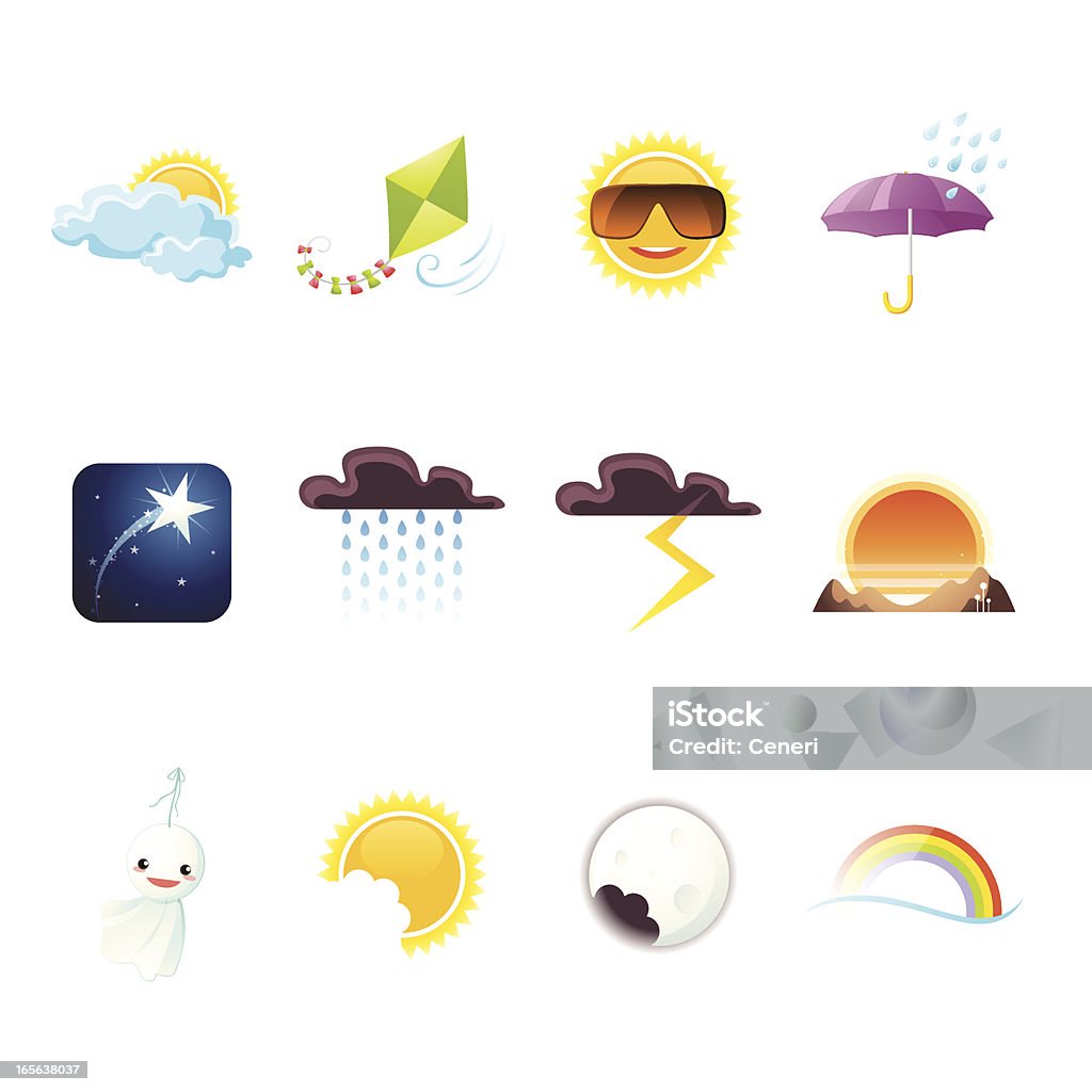 weather icons Row 1: Cloudy, Windy, Sunny, Shower Star Shape stock vector
