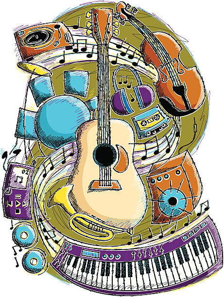ilustraciones, imágenes clip art, dibujos animados e iconos de stock de instrumentos musicales medio - musical staff music piano blue