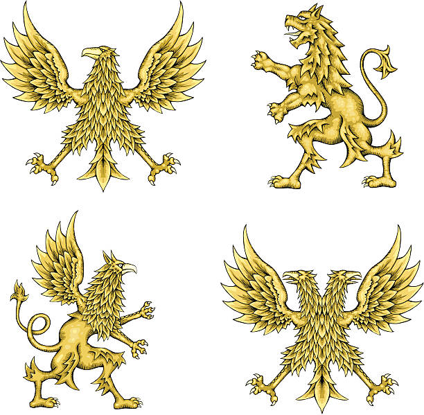 Heraldry Animals Vector illustration of a Griffin, two eagles, and a lion. Well organized file with named layers. RGB. bills lions stock illustrations