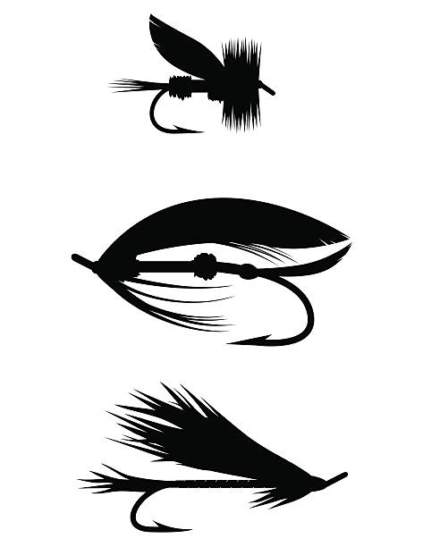 ilustraciones, imágenes clip art, dibujos animados e iconos de stock de silueta de pesca vuela - cebo ilustraciones