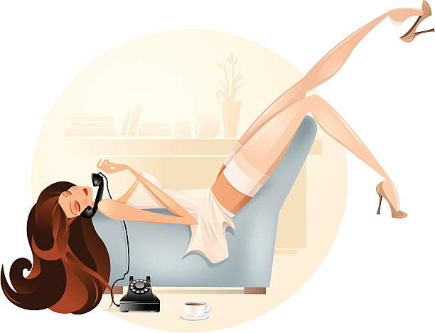Cartoon Woman Lounging and Talking on Telephone Illustration of a pin-up girl on the phone.Woman and background are grouped and layered separately. JPG file in a high resolution also available. pics for classic pin up poses stock illustrations