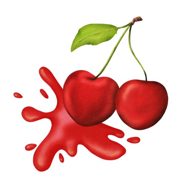 istock Bright composition of summer ripe cherries and splashes of sweet juice. Juiciness and saturation of the product. For juice, jam, pie, muffin, lemonade, gum prints. Watercolor isolated illustration 1656383473