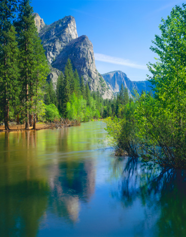 Merced River Flow Throug Yosemite Valley Below The Three Brothers, CA 