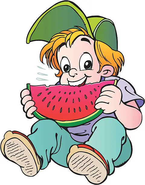 Vector illustration of Boy eating a watermelon