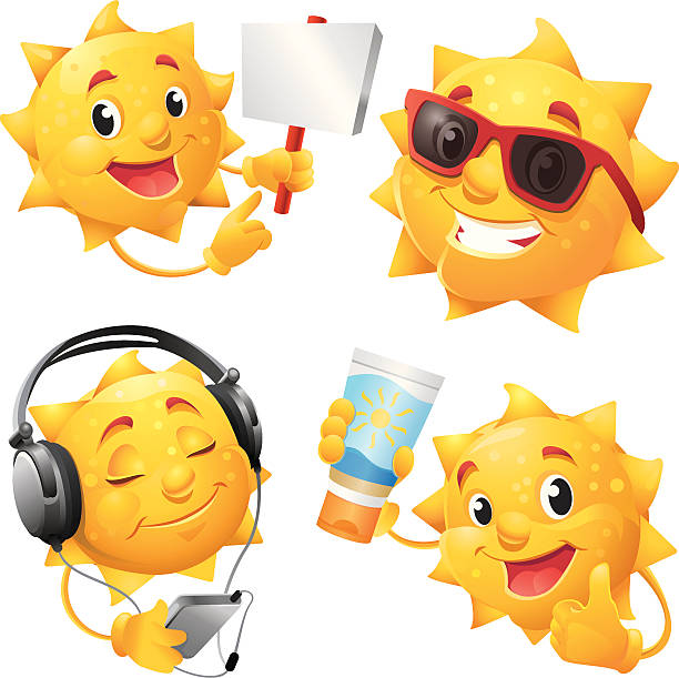lächelnde sonne comic-figur mit coole sonnenbrillen - relaxation vacations heat sunglasses stock-grafiken, -clipart, -cartoons und -symbole