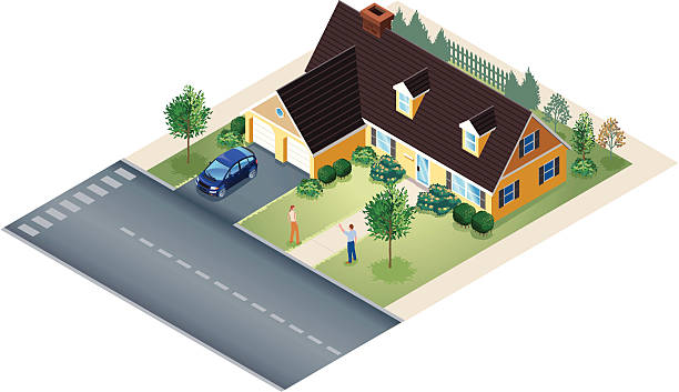 Isometric of Large Bungalow House with People in Yard A layered file of an isometric single story house and landscaped yard. Great for empty-nesters looking to downsize, or up-size,... it's vector, scale it all you want Driveway stock illustrations