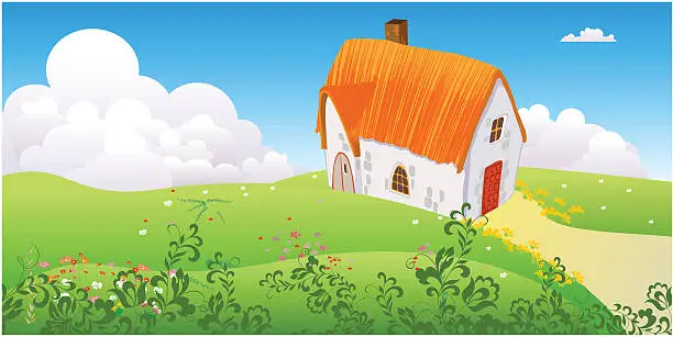 Vector illustration of Cartoon Landscape of Cottage in Countryside