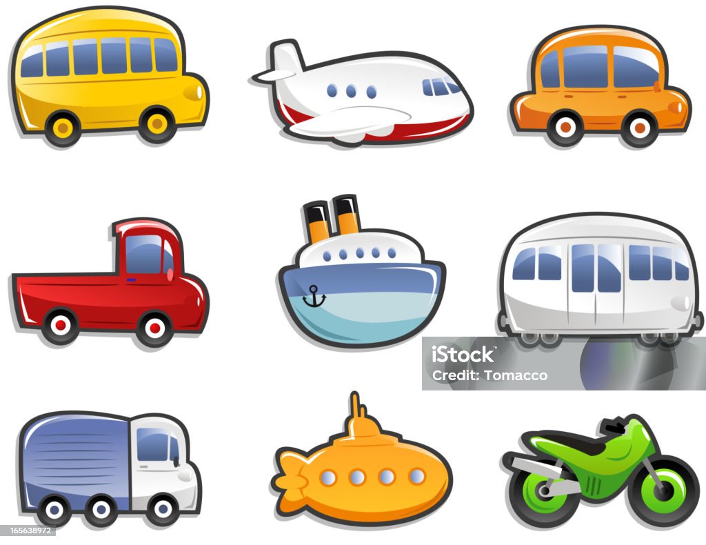 Ícones de transporte de ônibus de automóvel caminhão camião navio submarino motocicleta - Vetor de Avião royalty-free