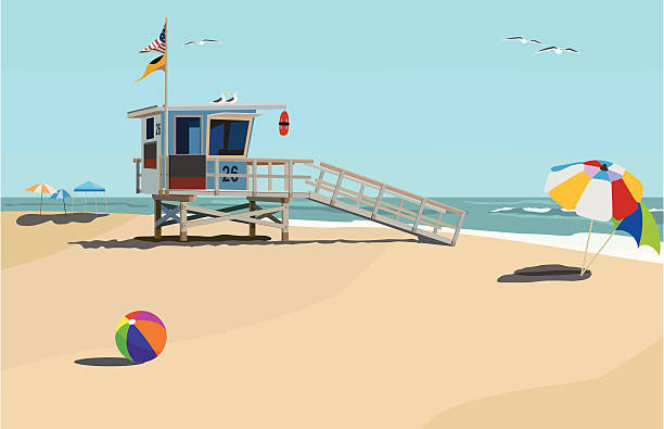 Day at the beach Lifeguard hut in a sunny California beach. This file does not have gradients, blends or transparencies. Organized named layers, make it easy for editing. Zip file contains high res Jpeg, AI12 and PDF files. beach hut stock illustrations