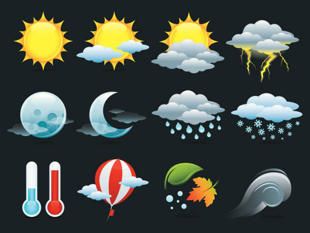 ilustraciones, imágenes clip art, dibujos animados e iconos de stock de weather icons sobre fondo oscuro - globo del tiempo