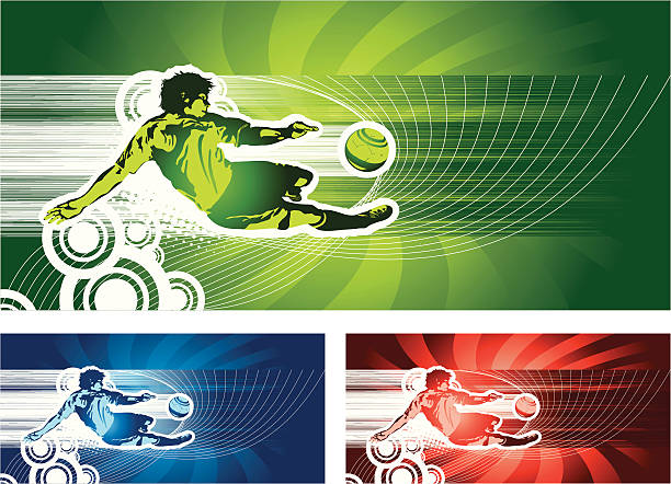 illustrazioni stock, clip art, cartoni animati e icone di tendenza di a mezz'aria calciatore su per calciare la palla - skill side view jumping mid air
