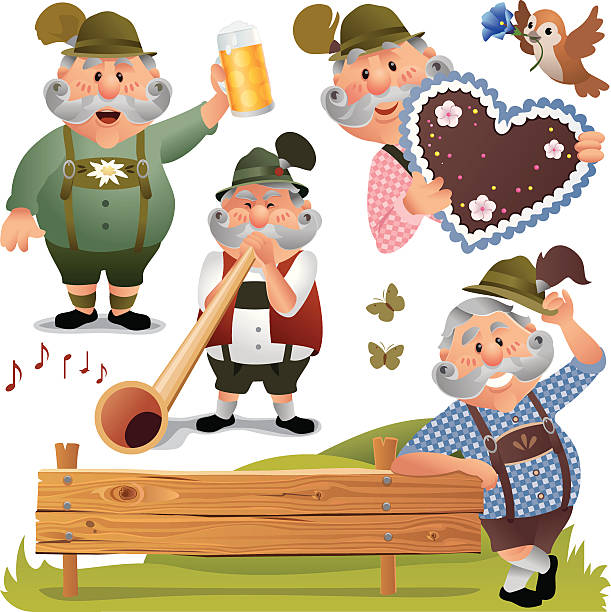 oktoberfest człowiek w lederhosen picie piwa - allgau germany bavaria european alps stock illustrations