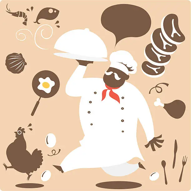 Vector illustration of Delicious! Chef carrying a covered dinner plate