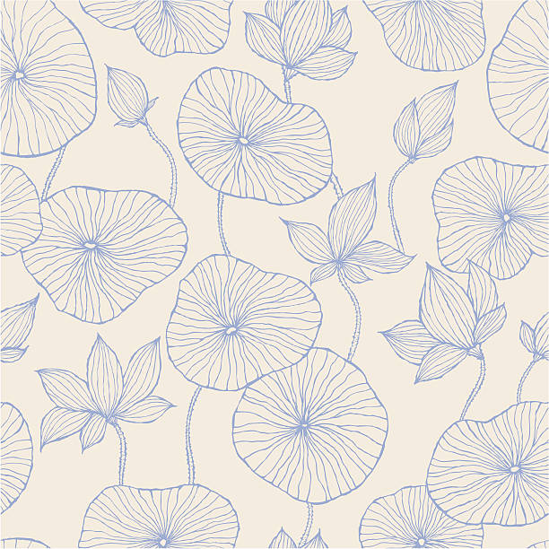 Seamless Pattern—Blue Lotus Hand drawn style Paisley pattern. Two colours used only. lotus flower drawing stock illustrations