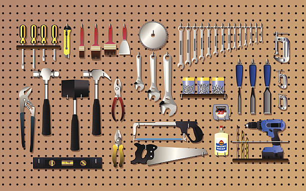 tools an der wand - pegboard stock-grafiken, -clipart, -cartoons und -symbole