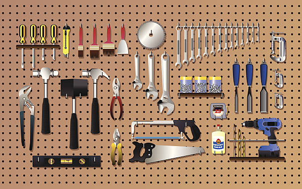 illustrations, cliparts, dessins animés et icônes de outils sur le mur - pegboard