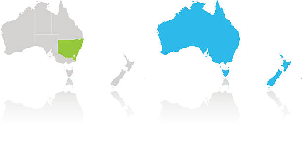 Australia and New Zealand highlighted by color on white map "Maps of the Australia & New Zealand. There are 14 named layers, with each state and island on its own named layer, a solid map of both country and reflections. You can hilight states as seen in left map." new zealand australia cartography western australia stock illustrations