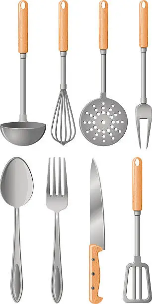 Vector illustration of Silver kitchen utensils with wooden handles