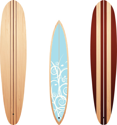 Vector illustration of three wooden longboards with varying designs.