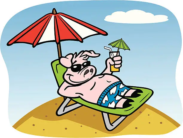Vector illustration of Pig On Holiday At Beach