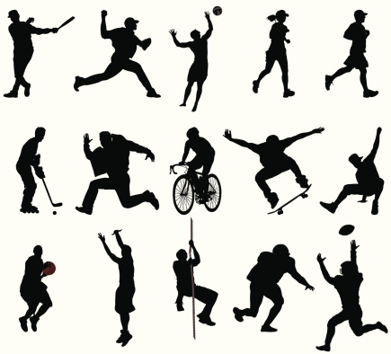 15 INDIVIDUAL SILHOUETTES. ZOOM IN to check out the detail. This set of silhouettes shows a variety of action sports athletes. This illustration is perfect for a variety of different design projects. This file has been layered and grouped for easy editing. This file includes a large JPG file, an ai V10 file, and an eps file.