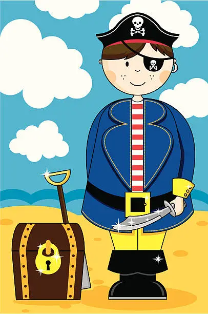 Vector illustration of Cute Pirate Boy with Found Treasure Chest