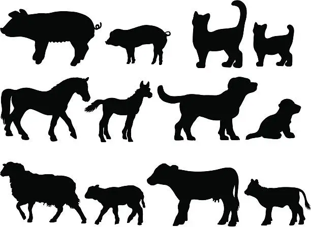 Vector illustration of Farm animal with young infant silhouettes