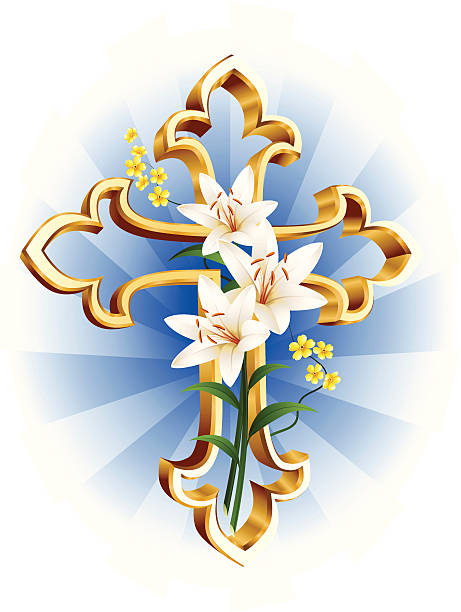 Gold cross Illustration to the easter. No gradient mesh and other effects. pics of a cross easter lilies stock illustrations