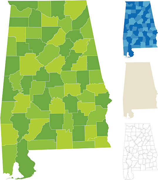 Alabama County Map "Highly-detailed Alabama county map. Each county is in a separate labeled layer. All layers have been alphabetized for easy manipulation, recoloring or other use. (note: labels only available in AICS2 and AI10 files)" alabama stock illustrations
