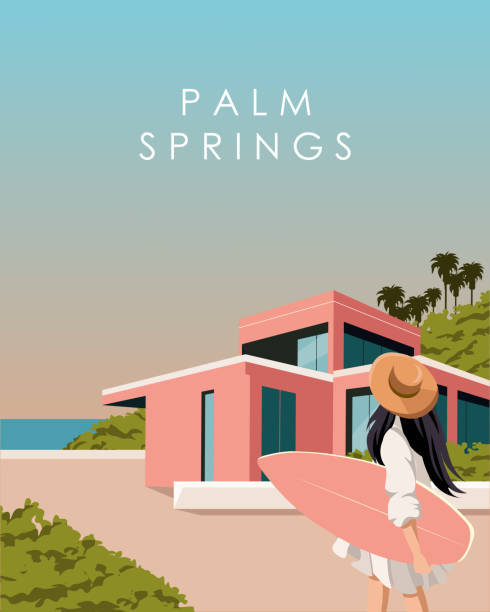 ilustraciones, imágenes clip art, dibujos animados e iconos de stock de póster de viaje de surf de palm springs - palm springs california