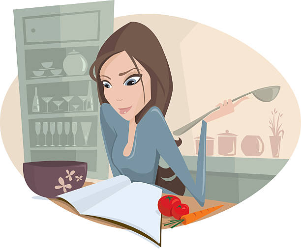 ilustrações de stock, clip art, desenhos animados e ícones de na cozinha - woman with glasses reading a book