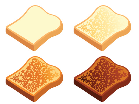 Toast in various states of doneness: plain, light, dark, and burnt. Each slice is on its own layer for easy editing in your vector program.