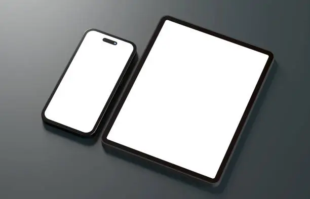 Photo of Set of blank screens with digital tablet and smartphone on black background