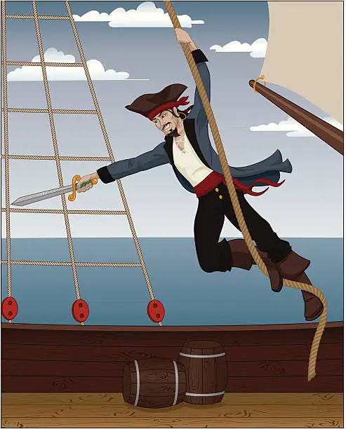 Vector illustration of Pirate Swinging From Rope on Deck