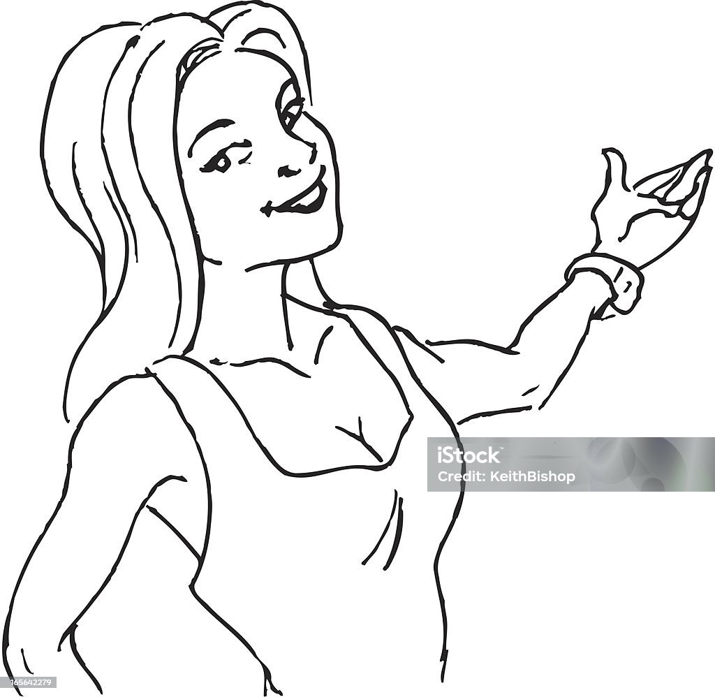 Greetings - Woman Gesturing "Welcome, Come In" Greetings. Pen and ink vector illustration of a young Woman Gesturing "Welcome, Come In". Compound paths. Use as positive image or reverse out of layout. Ghost art back as design element or color it. Check out my "People Black and White Ills." light box for more. Adult stock vector