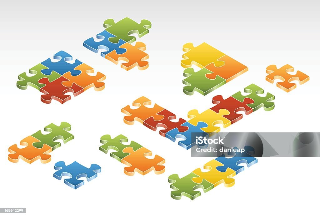 Random Connections Multicoloured groups of jigsaw pieces floating independantly of each other. Isometric Projection stock vector