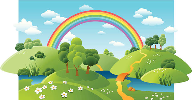 ilustrações, clipart, desenhos animados e ícones de paisagem com arco-íris - landscape tree field flower